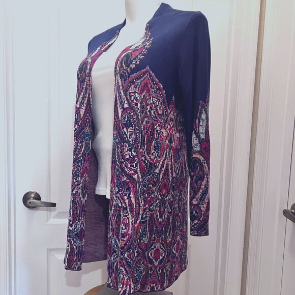 Ruby Rd. Open Front Long Sleeve Cardigan-Blue/Pink Mix-Size Medium-Casual-Long - Picture 1 of 16
